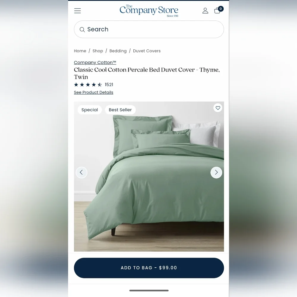Company Store Classic Cool Cotton Percale Bed Duvet Cover (Thyme/Sage) Twin XL